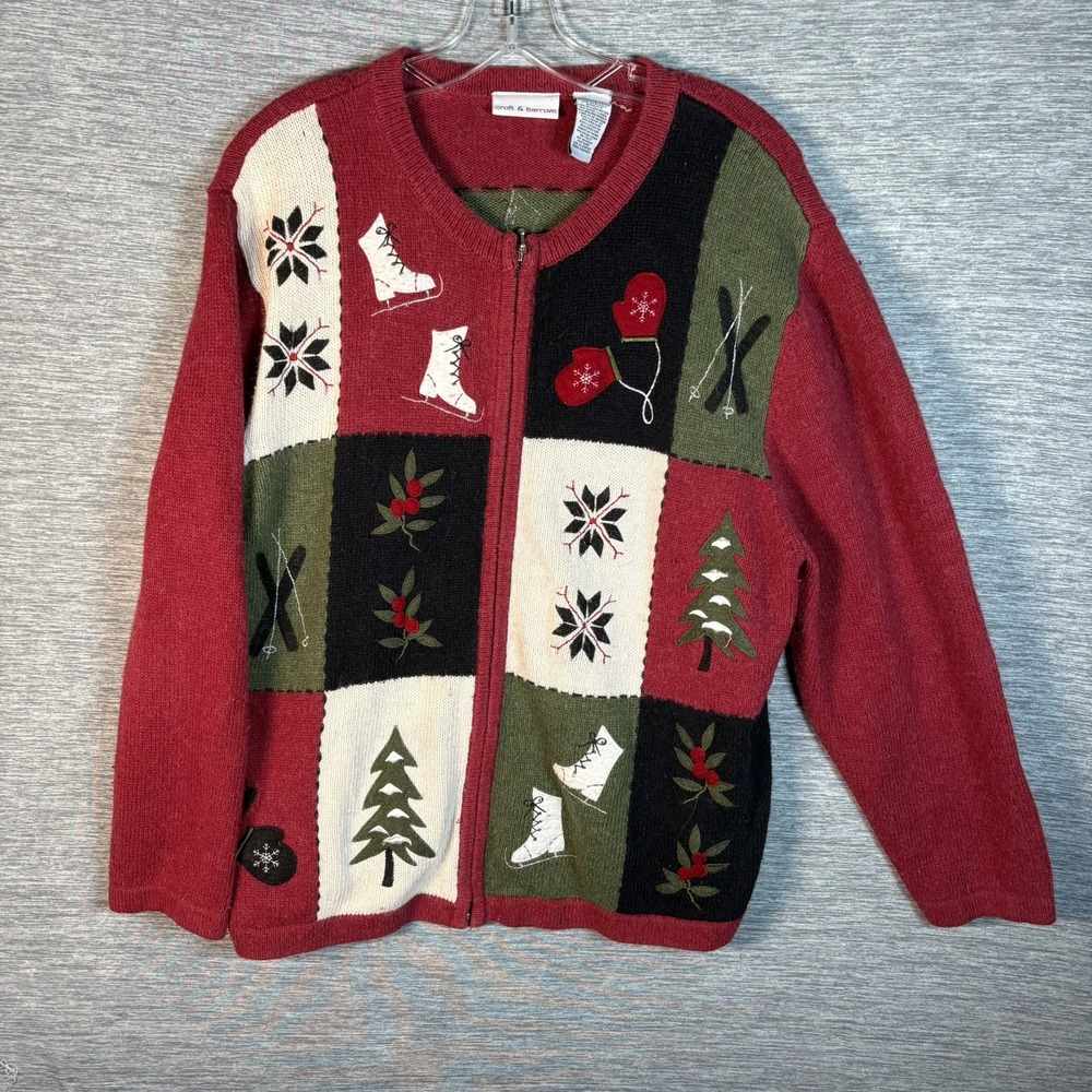 Croft & Barron Christmas Sweater Knit Zipper Mittens Skates Novelty Women's XL